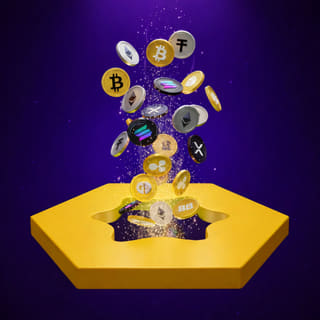 Variety of digital asset coins displayed on a gleaming dark reflective surface